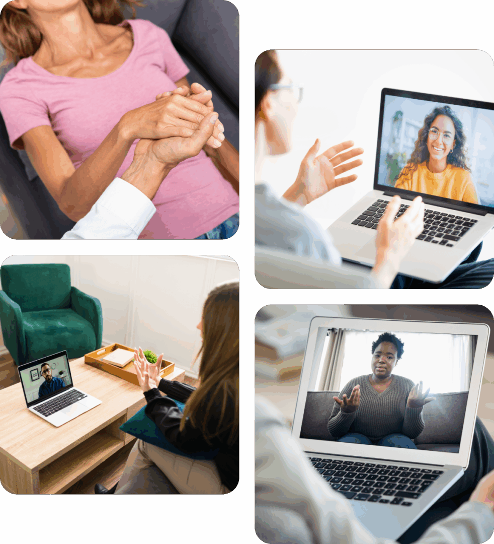 People engaging in virtual and in-person therapy sessions, showing support and communication.