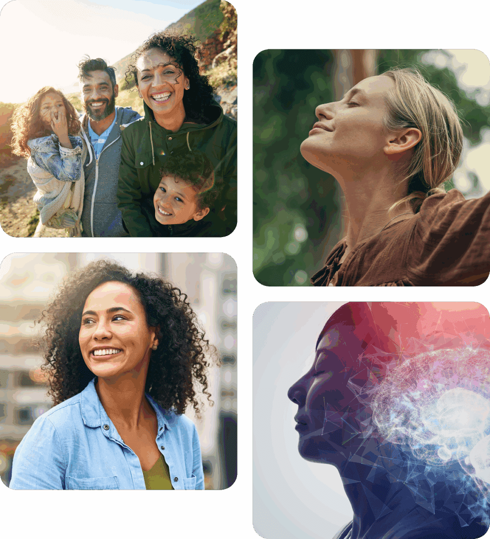 Collage of diverse people expressing joy and reflection in natural settings.