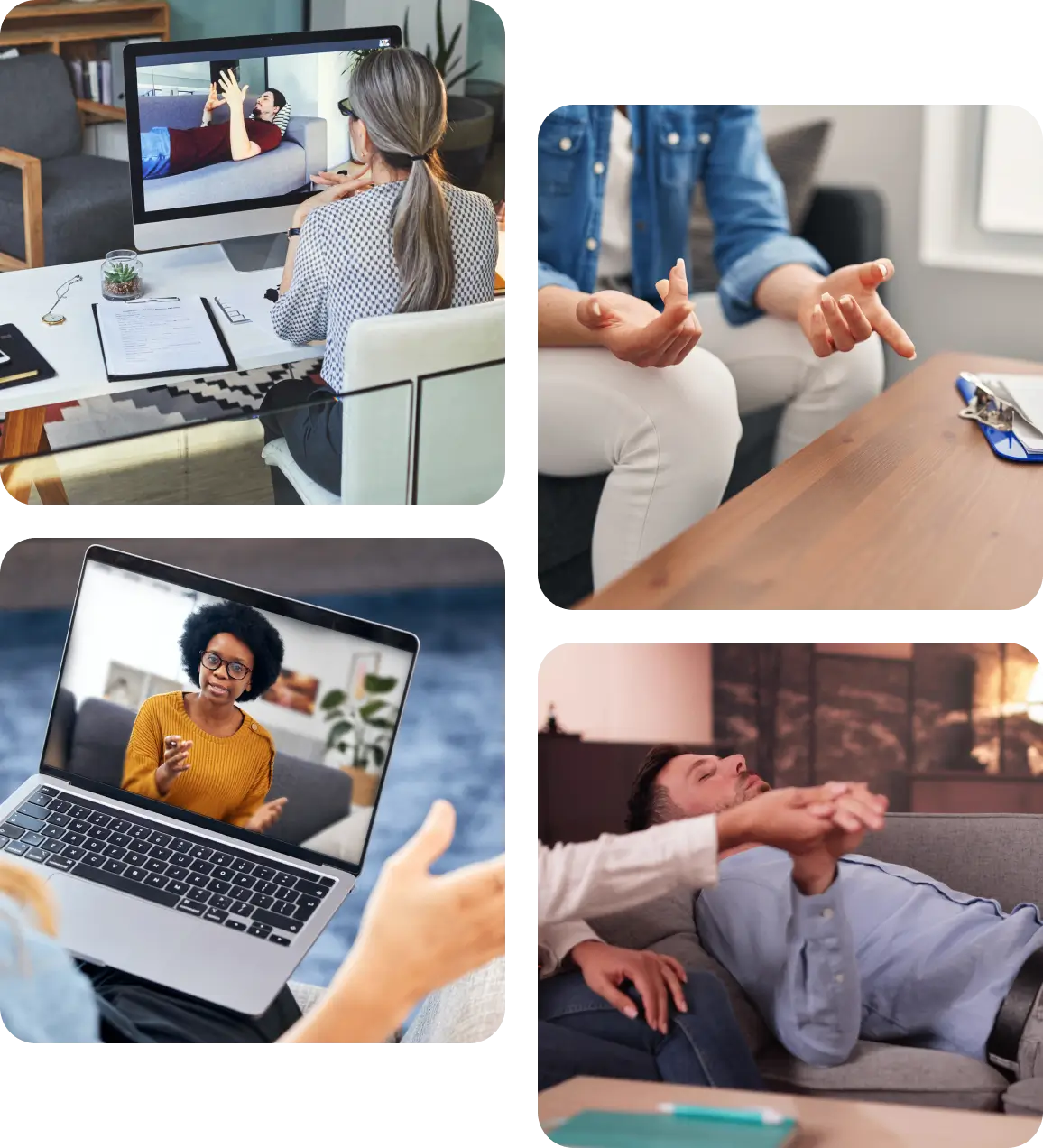 People engaging in virtual and in-person therapy sessions.