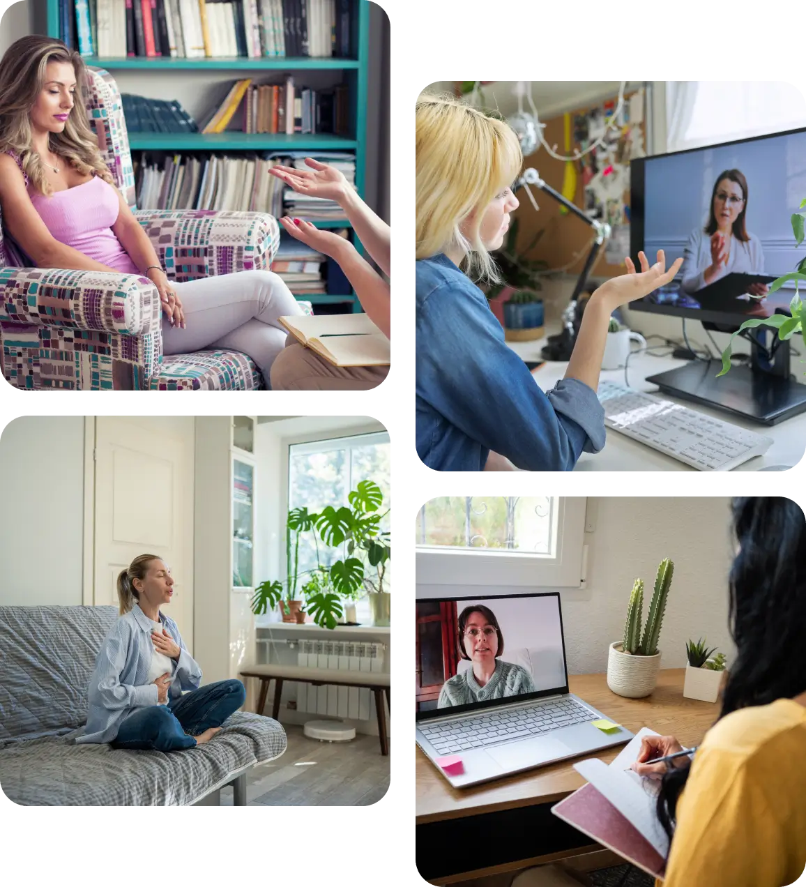 Four women engaged in virtual meetings from home settings.